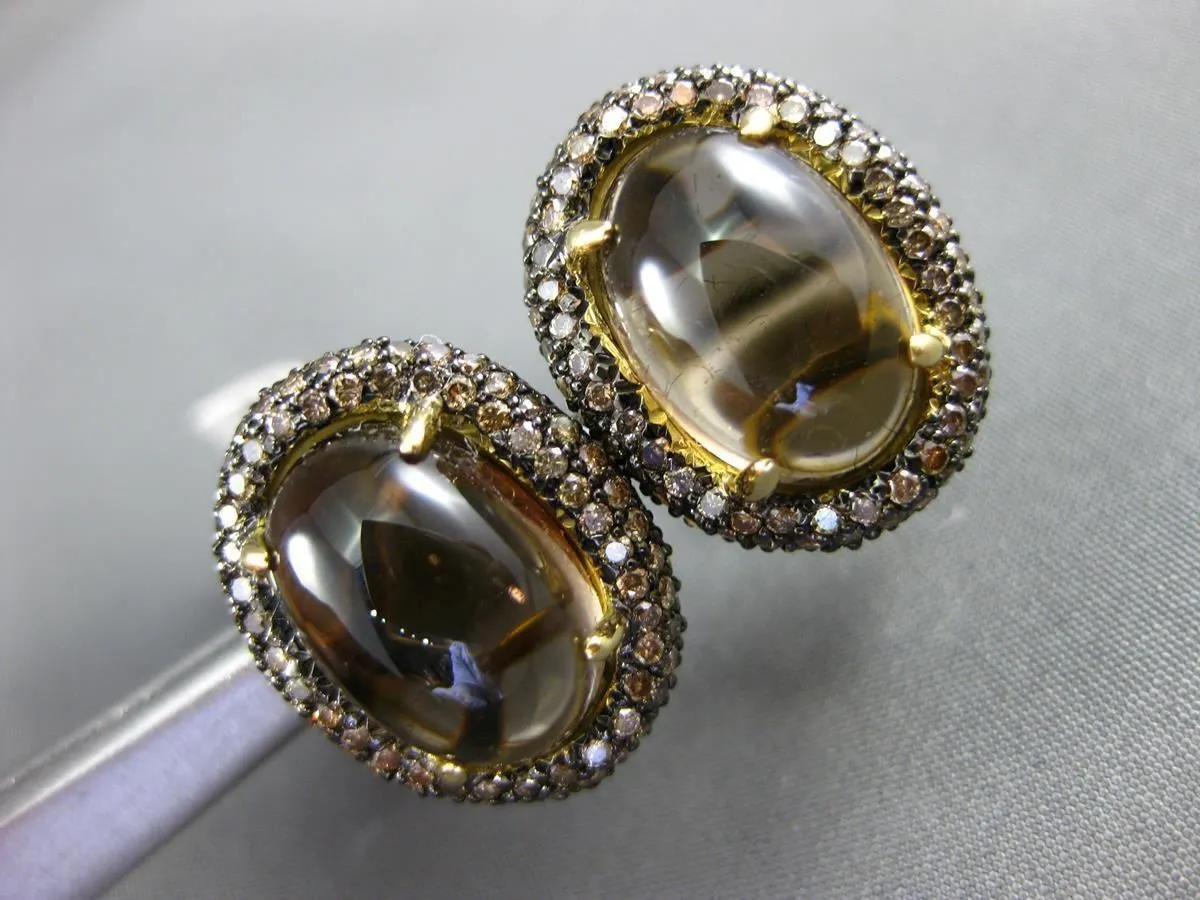 12.50CT CHOCOLATE FANCY DIAMOND & SMOKY TOPAZ 18K YELLOW GOLD OVAL HALO EARRINGS