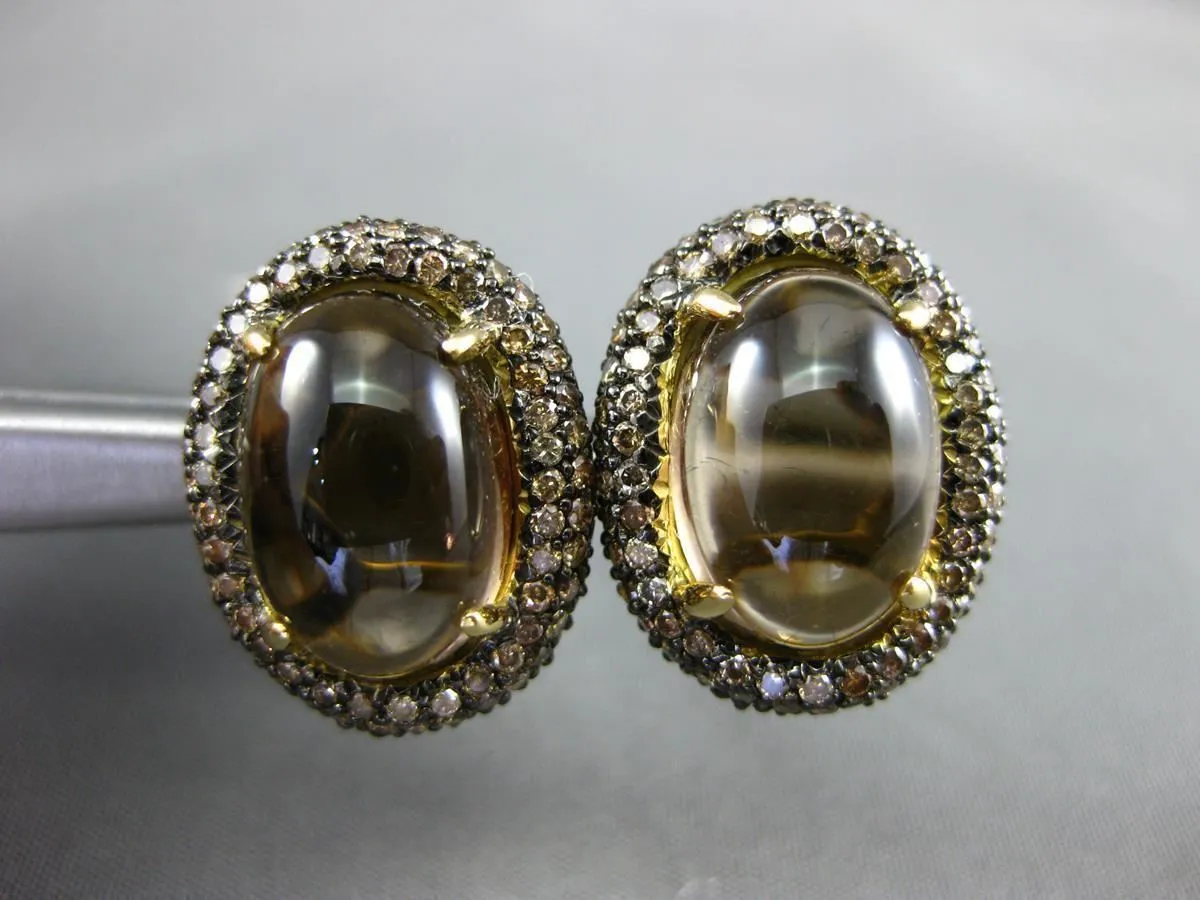 12.50CT CHOCOLATE FANCY DIAMOND & SMOKY TOPAZ 18K YELLOW GOLD OVAL HALO EARRINGS