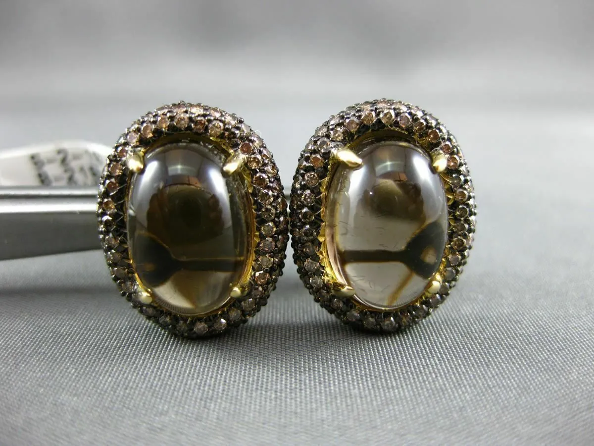 12.50CT CHOCOLATE FANCY DIAMOND & SMOKY TOPAZ 18K YELLOW GOLD OVAL HALO EARRINGS