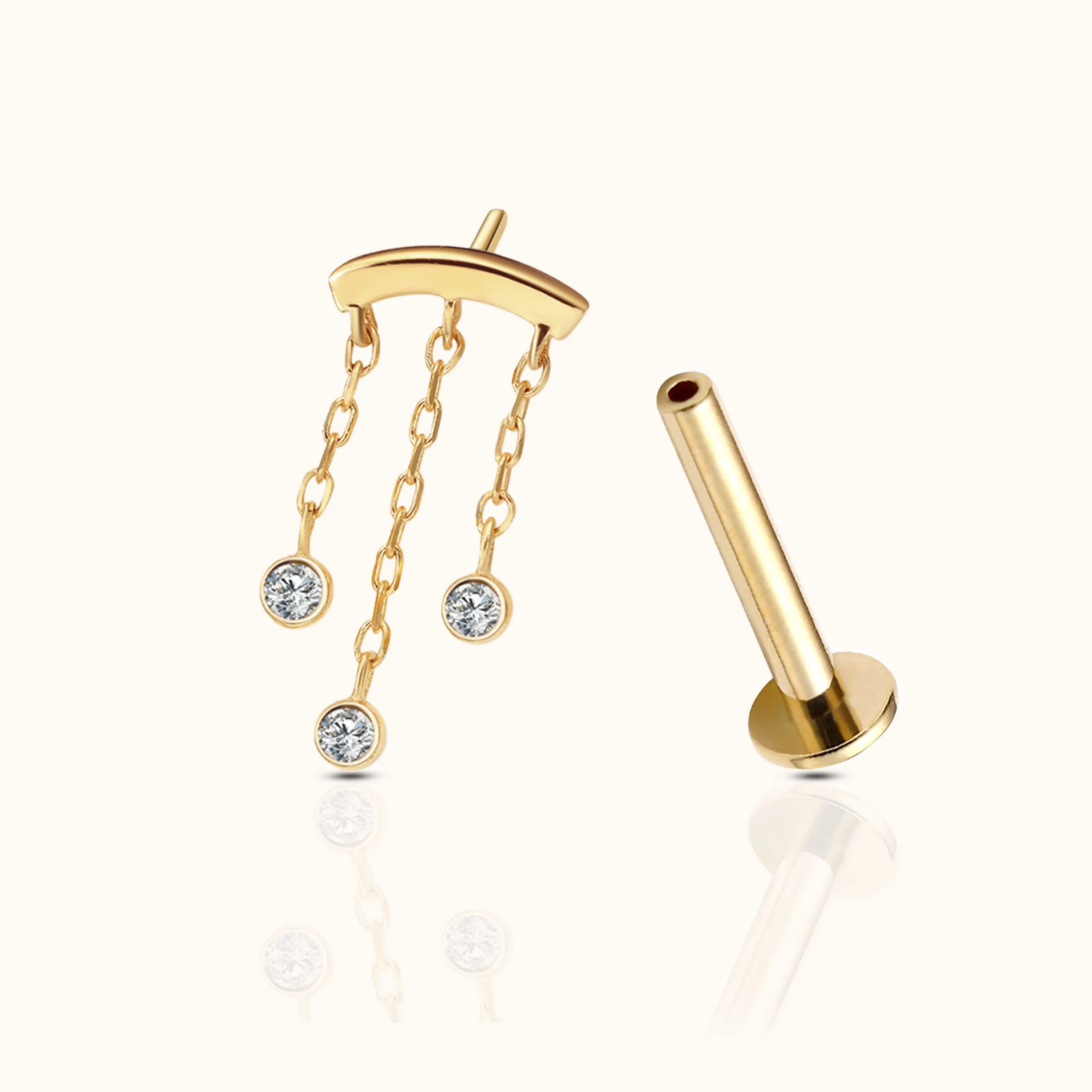 14K Solid Gold Chandelier Tassel CZ Bezel Drop Dangle Threadless Labret Flat Back Earring