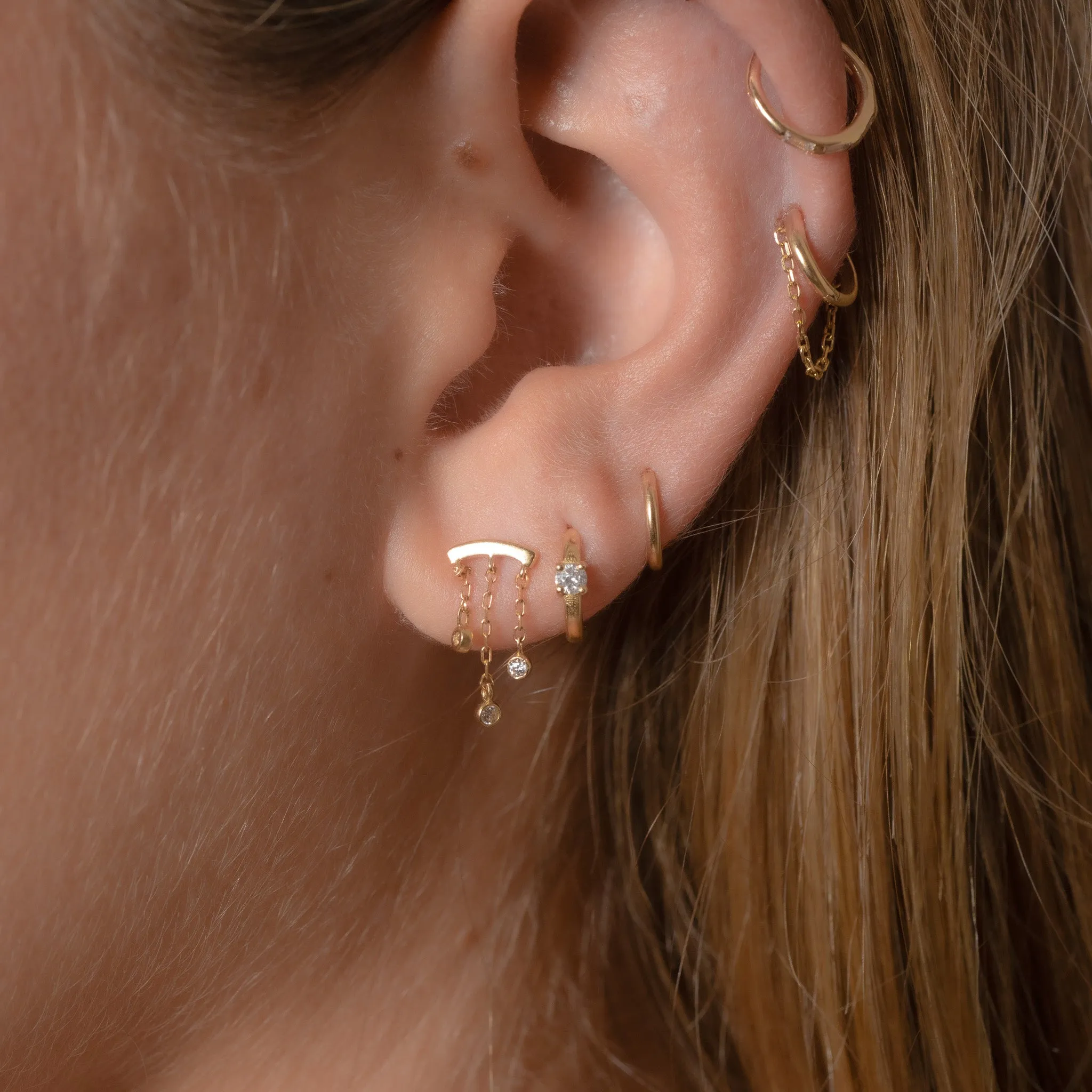 14K Solid Gold Chandelier Tassel CZ Bezel Drop Dangle Threadless Labret Flat Back Earring