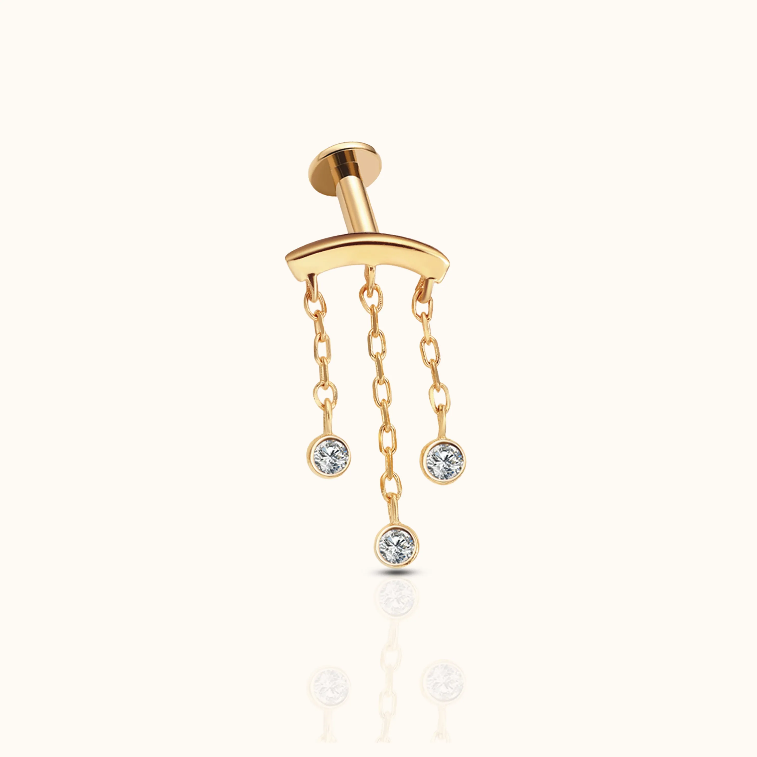 14K Solid Gold Chandelier Tassel CZ Bezel Drop Dangle Threadless Labret Flat Back Earring