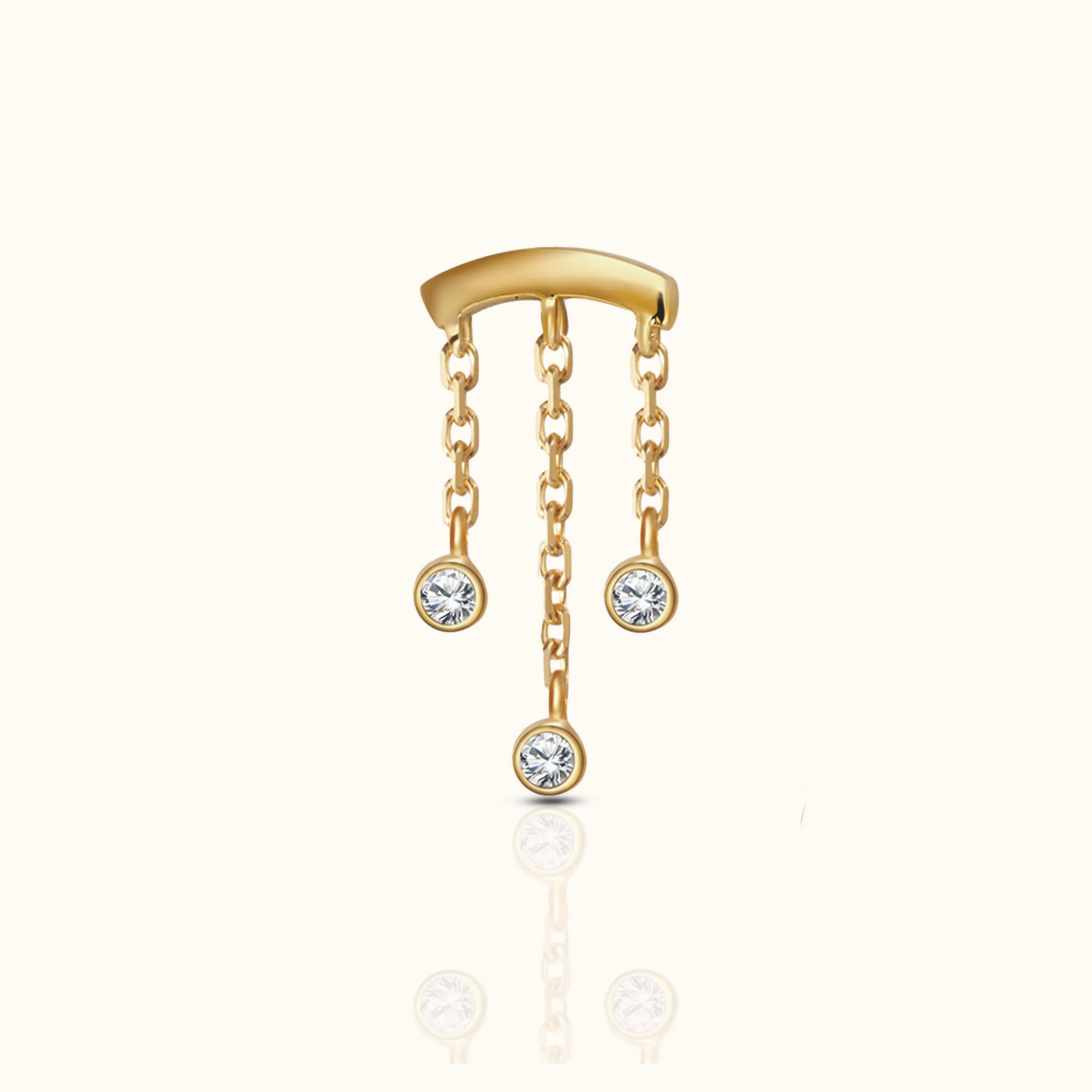 14K Solid Gold Chandelier Tassel CZ Bezel Drop Dangle Threadless Labret Flat Back Earring