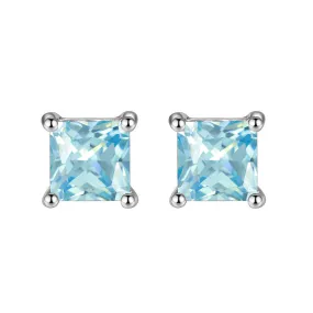 14k White Gold Plated  2 Carat Princess Cut Created Blue Topaz Sapphire Stud Earrings