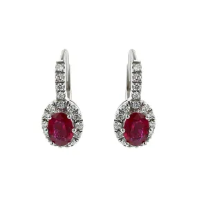14K White Gold Ruby and Diamond Halo Drop Earrings