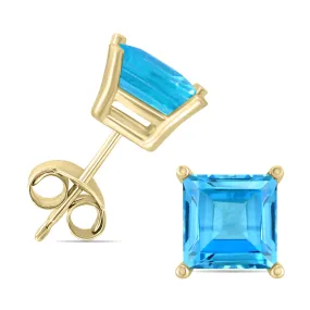 14K Yellow Gold 5Mm Square Blue Topaz Earrings