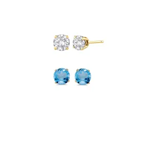 14k Yellow Gold Plated 1Ct Created White Sapphire and Blue Topaz 2 Pair Round Stud Earrings