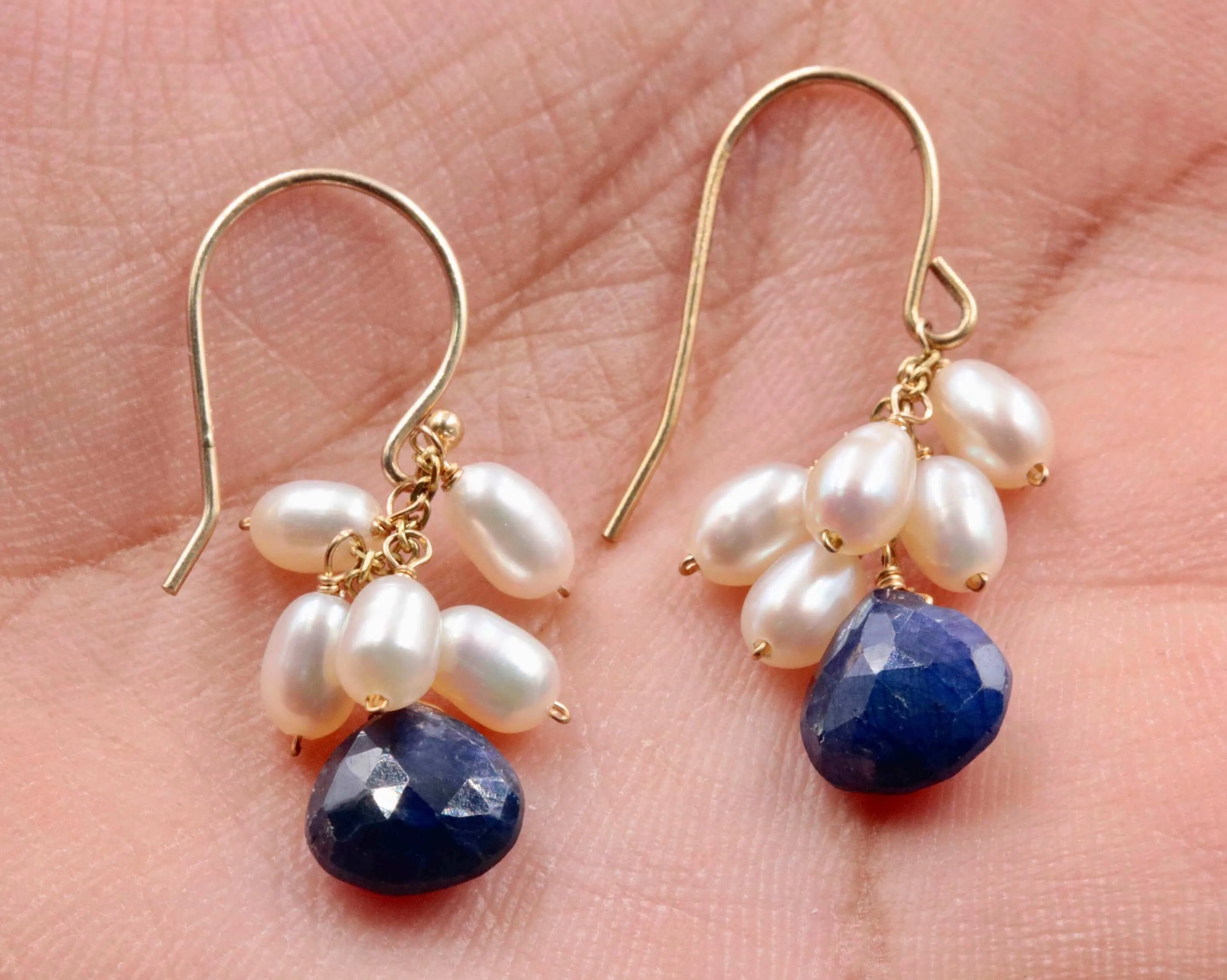 14KY Gold Blue Sapphire and pearl party earrings Gemstone Earrings Faceted Earrings Gold Faceted Drop Sapphire SKU:6142202