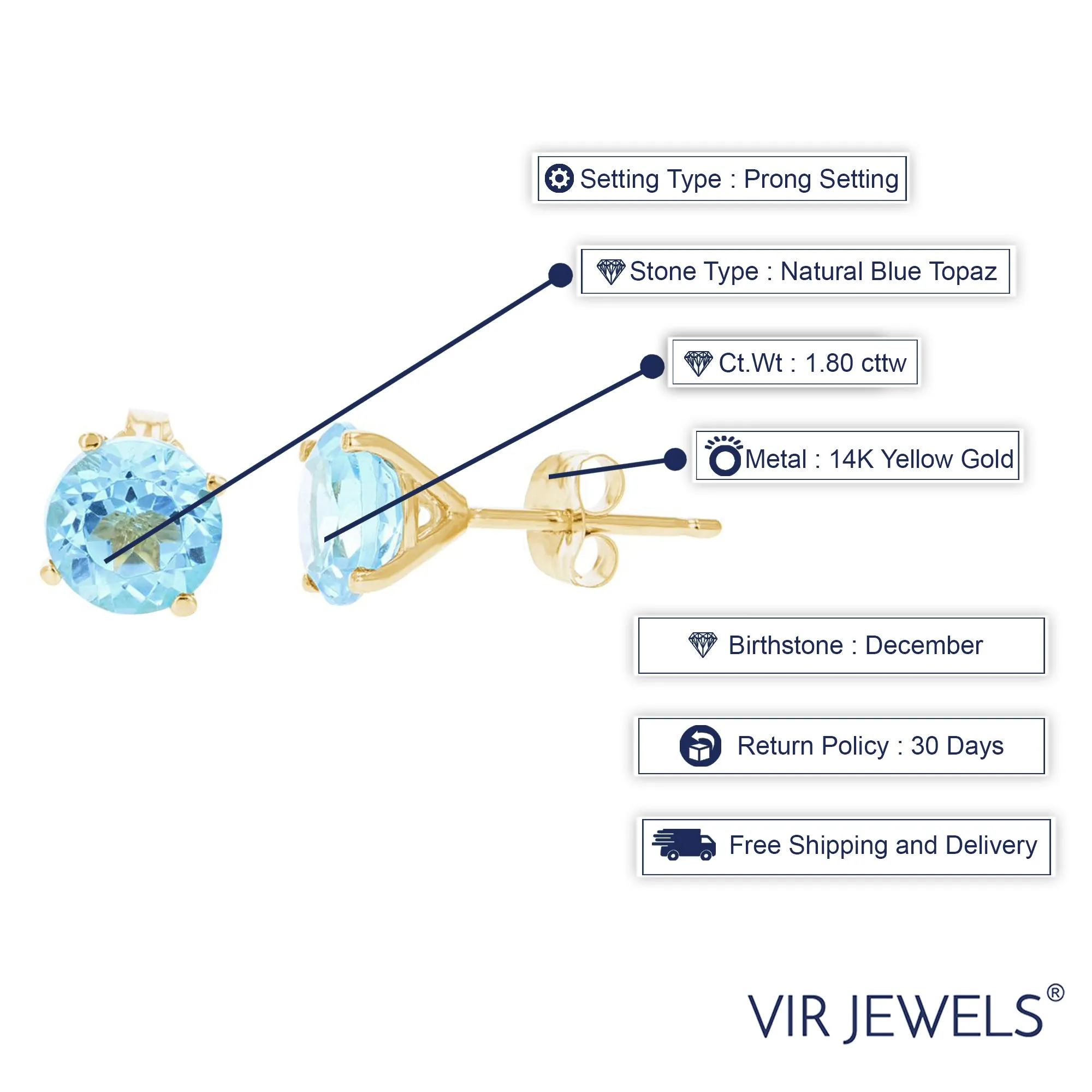 1.80 cttw 6 MM Blue Topaz Stud Earrings 14K Yellow Gold Round Cut with Push Backs December Birthstone