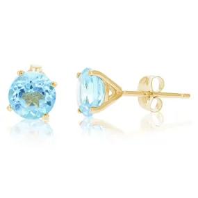 1.80 cttw 6 MM Blue Topaz Stud Earrings 14K Yellow Gold Round Cut with Push Backs December Birthstone