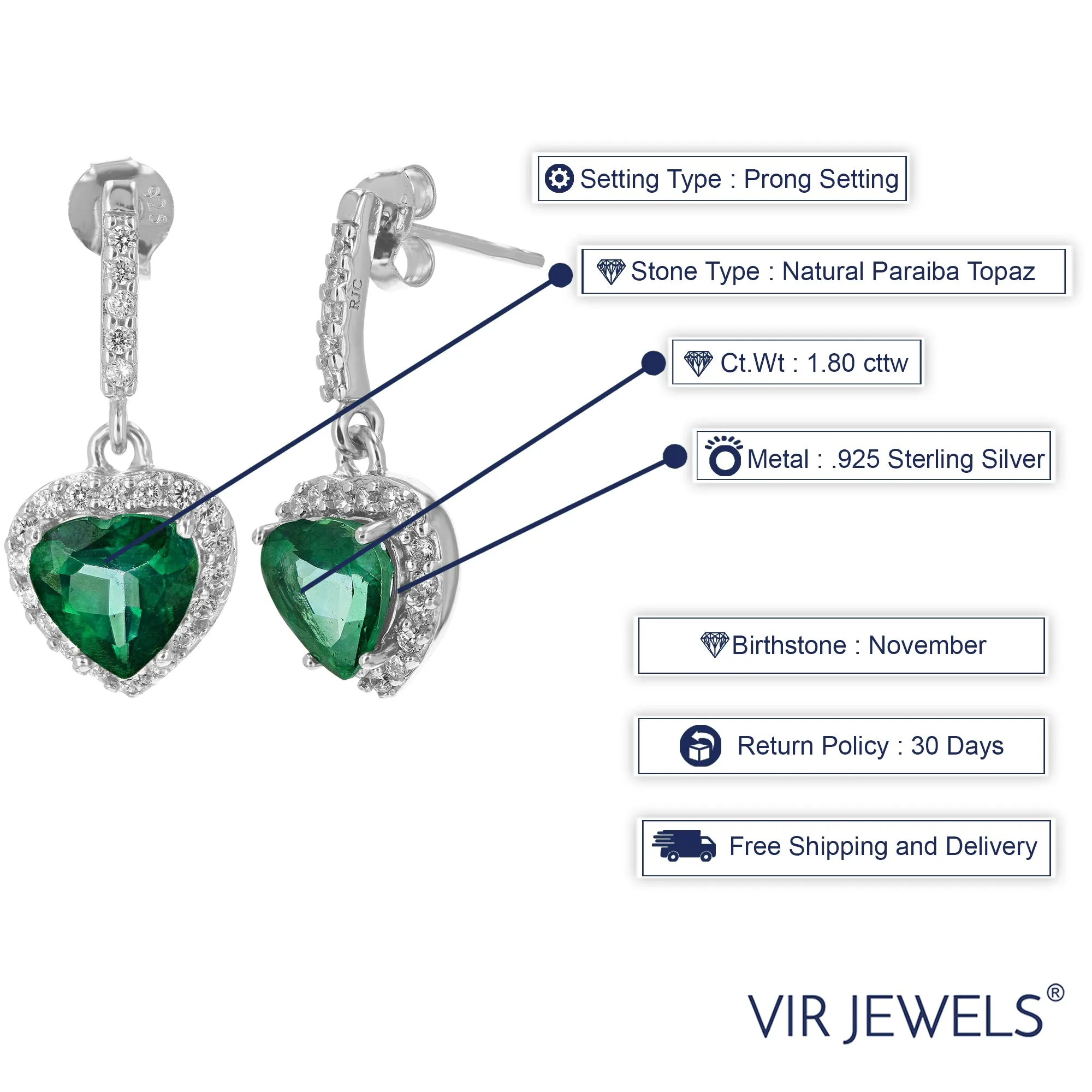 1.80 cttw Green Topaz Dangle Earrings .925 Sterling Silver Rhodium 7 MM Heart Shape