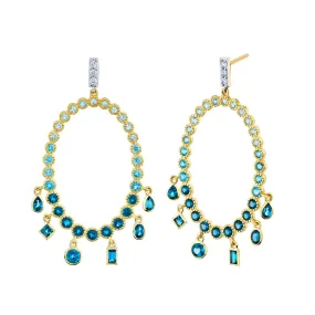 18K Gold Blue Topaz Ombre Oval Earrings with Diamonds