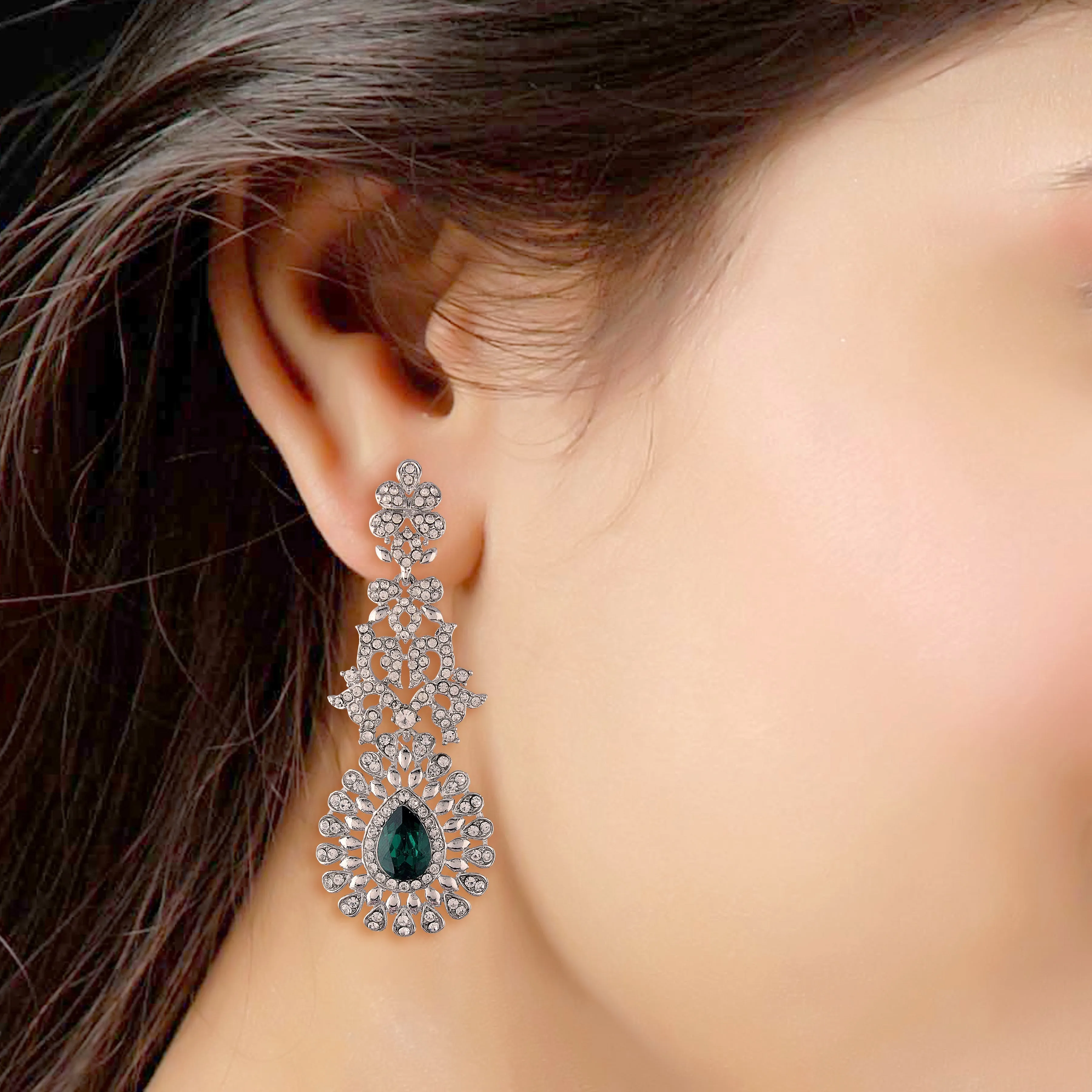 18k Rhodium Plated Austrion Diamond Sparkling Dangle Earrings for Women