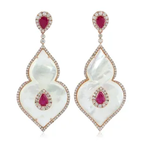 18K Rose Gold Fancy Cut MOP Pear Ruby Prong Diamond Wedding Dangler Jewelry For Women's