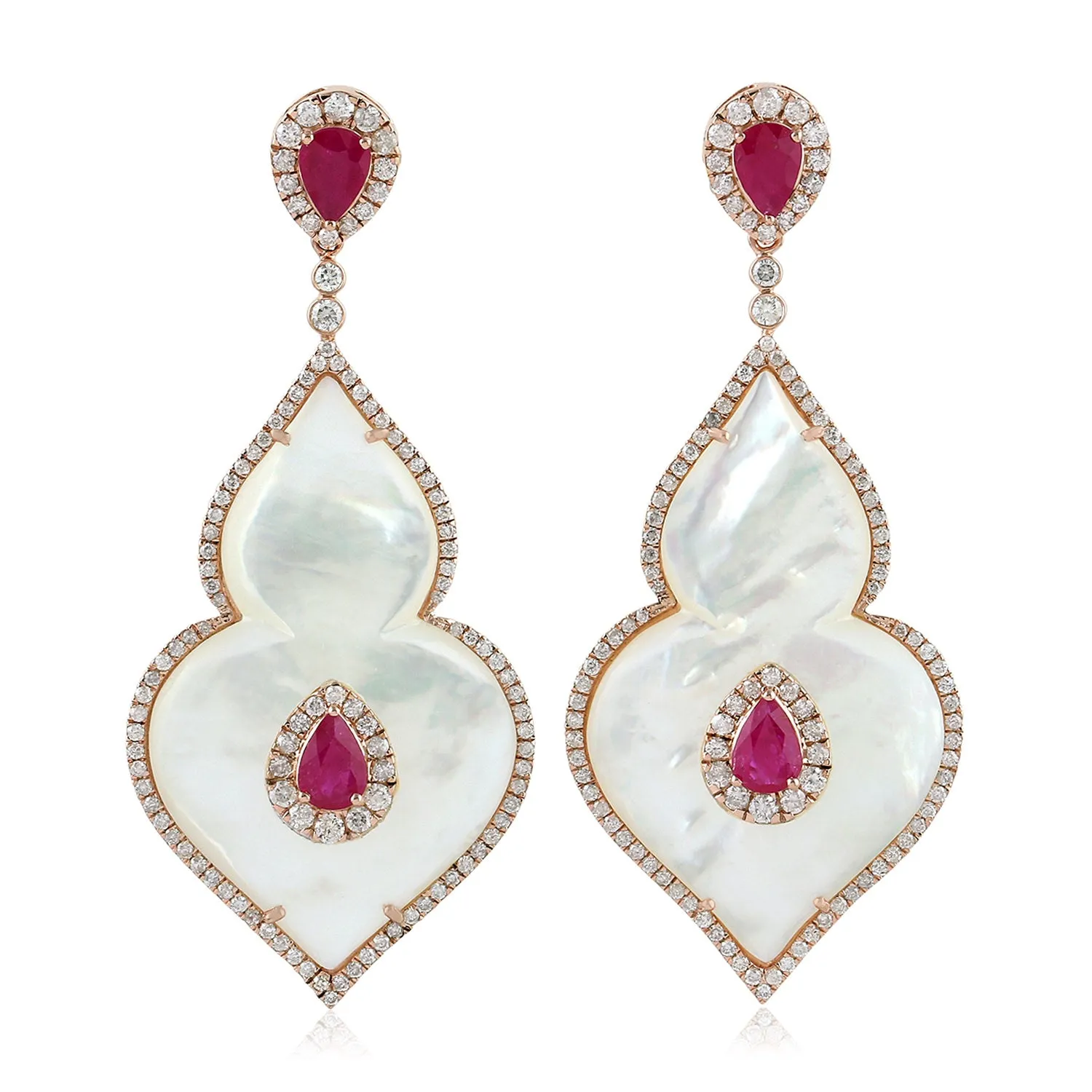 18K Rose Gold Fancy Cut MOP Pear Ruby Prong Diamond Wedding Dangler Jewelry For Women's