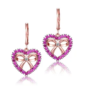 18k Rose Gold Plated Heart Dangle Earrings with Clear and Ruby Cubic Zirconia