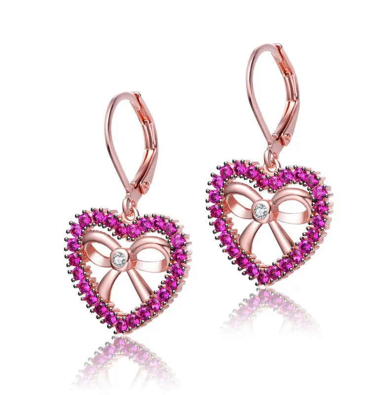 18k Rose Gold Plated Heart Dangle Earrings with Clear and Ruby Cubic Zirconia
