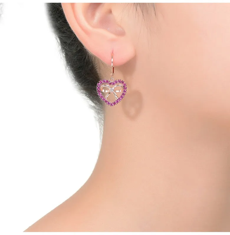 18k Rose Gold Plated Heart Dangle Earrings with Clear and Ruby Cubic Zirconia