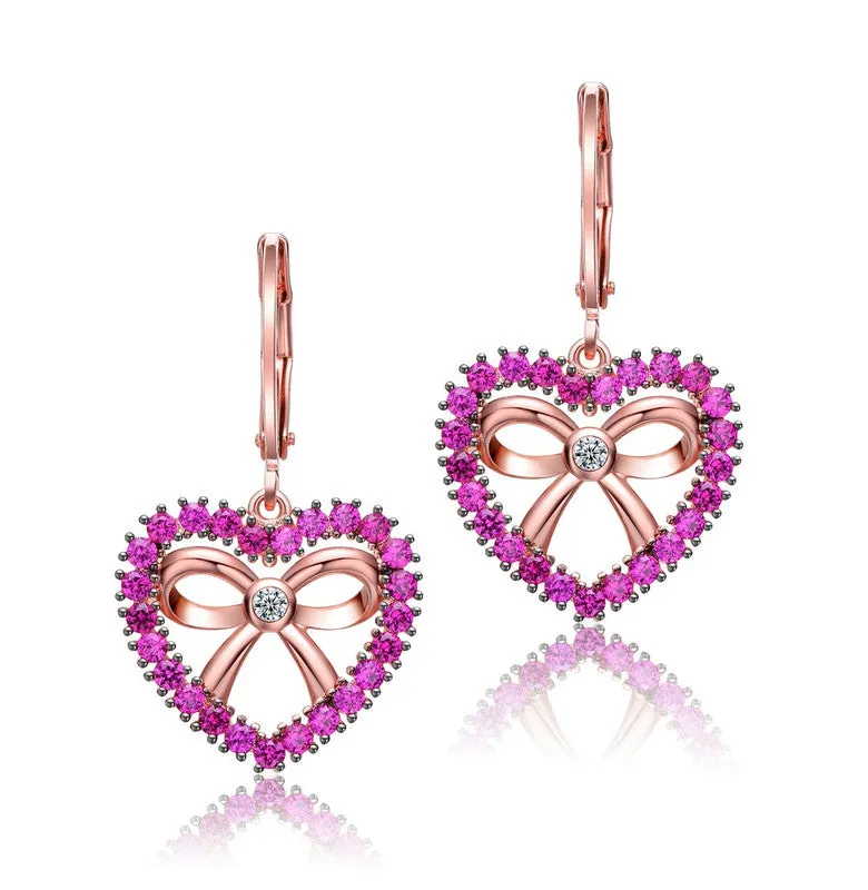 18k Rose Gold Plated Heart Dangle Earrings with Clear and Ruby Cubic Zirconia