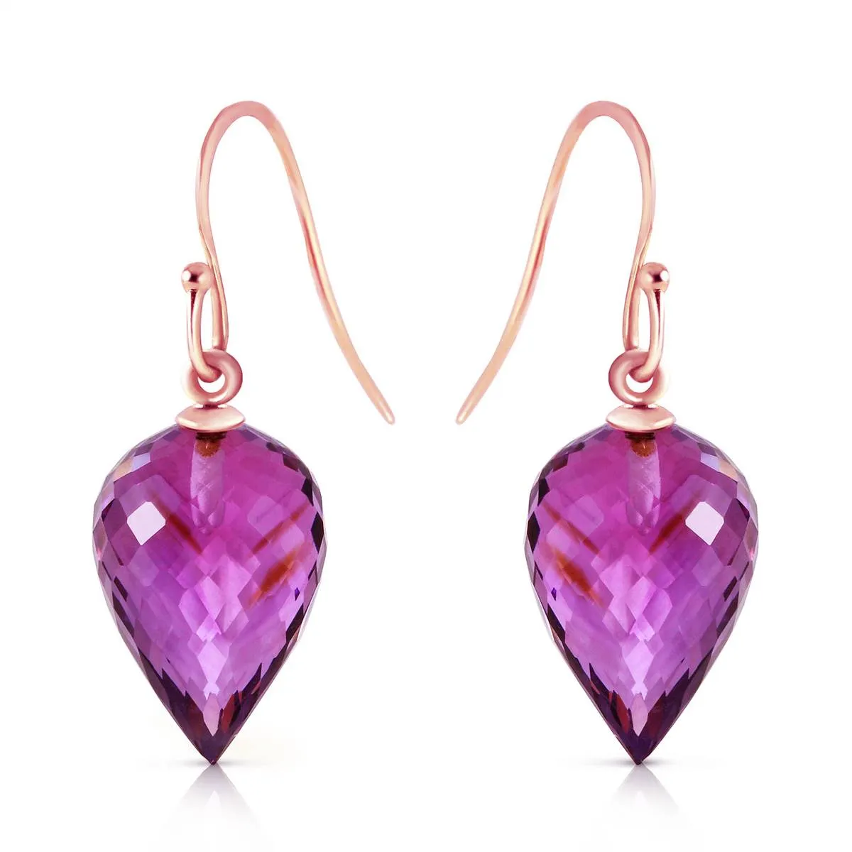 19 Carat 14K Solid Rose Gold Fish Hook Earrings Natural Amethyst