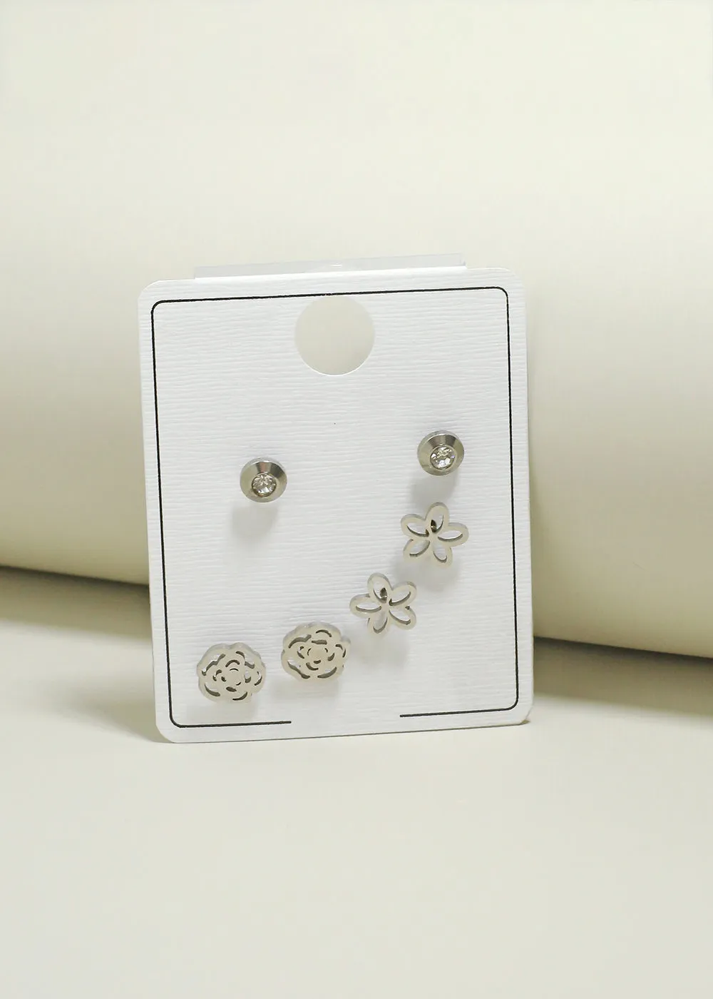3-Pair Flower & Rose Stud Earrings