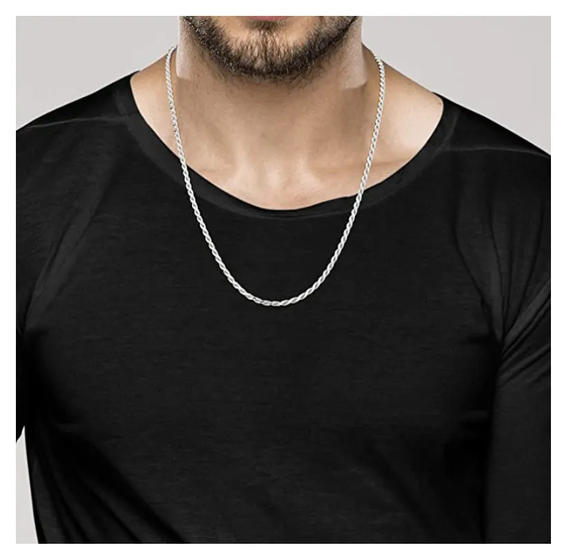 3mm Rope Necklace Men Twist Chain Braided Hip Hop Jewelry 925 Sterling Silver Gold 16 - 30in.