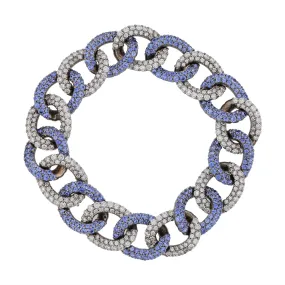 9.83Ct Sapphire and 7.64Ct Diamond Pave Chain Link Bracelet in 18k White Gold, 8in