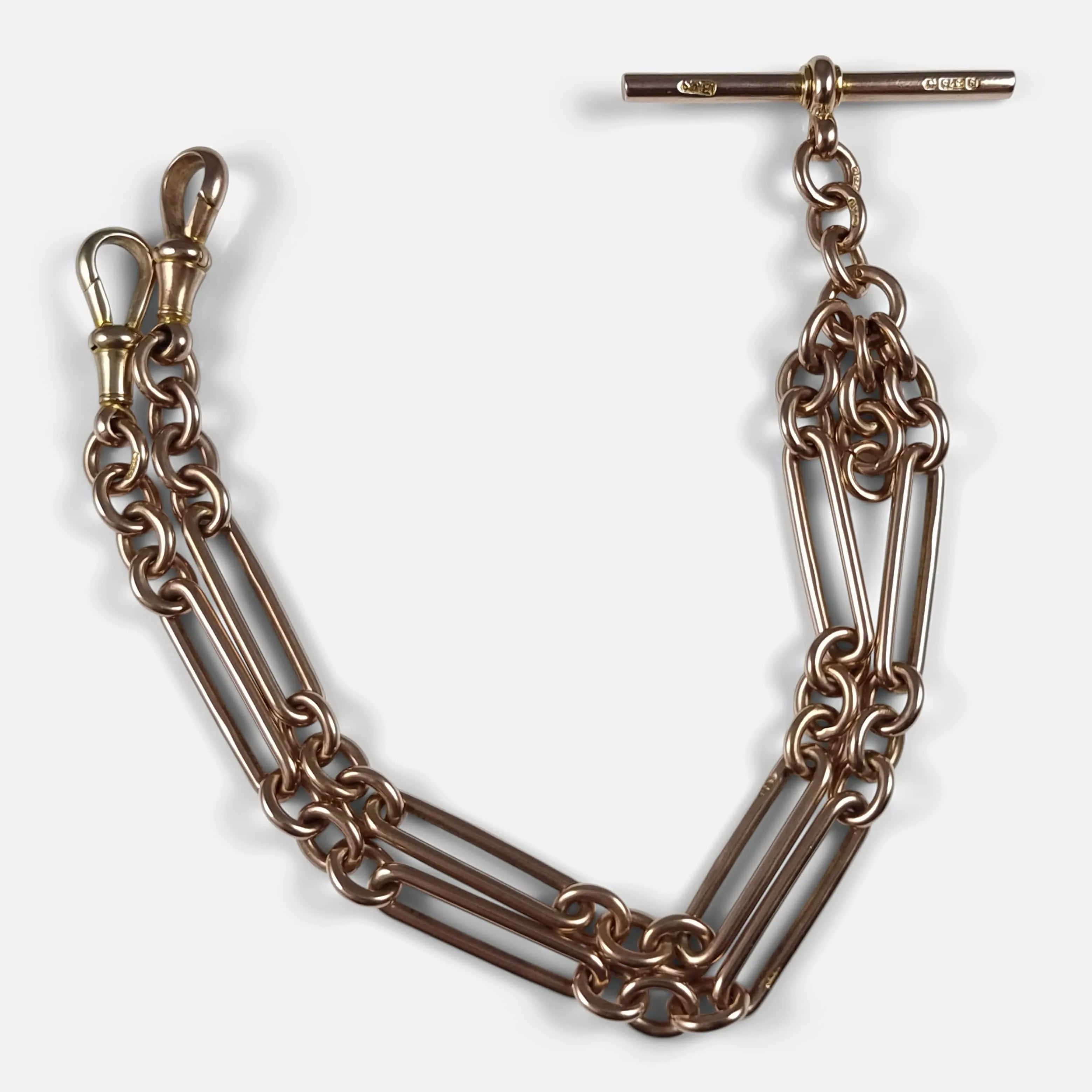 9ct Rose Gold Trombone Link Albert Watch Chain - 36.1 grams