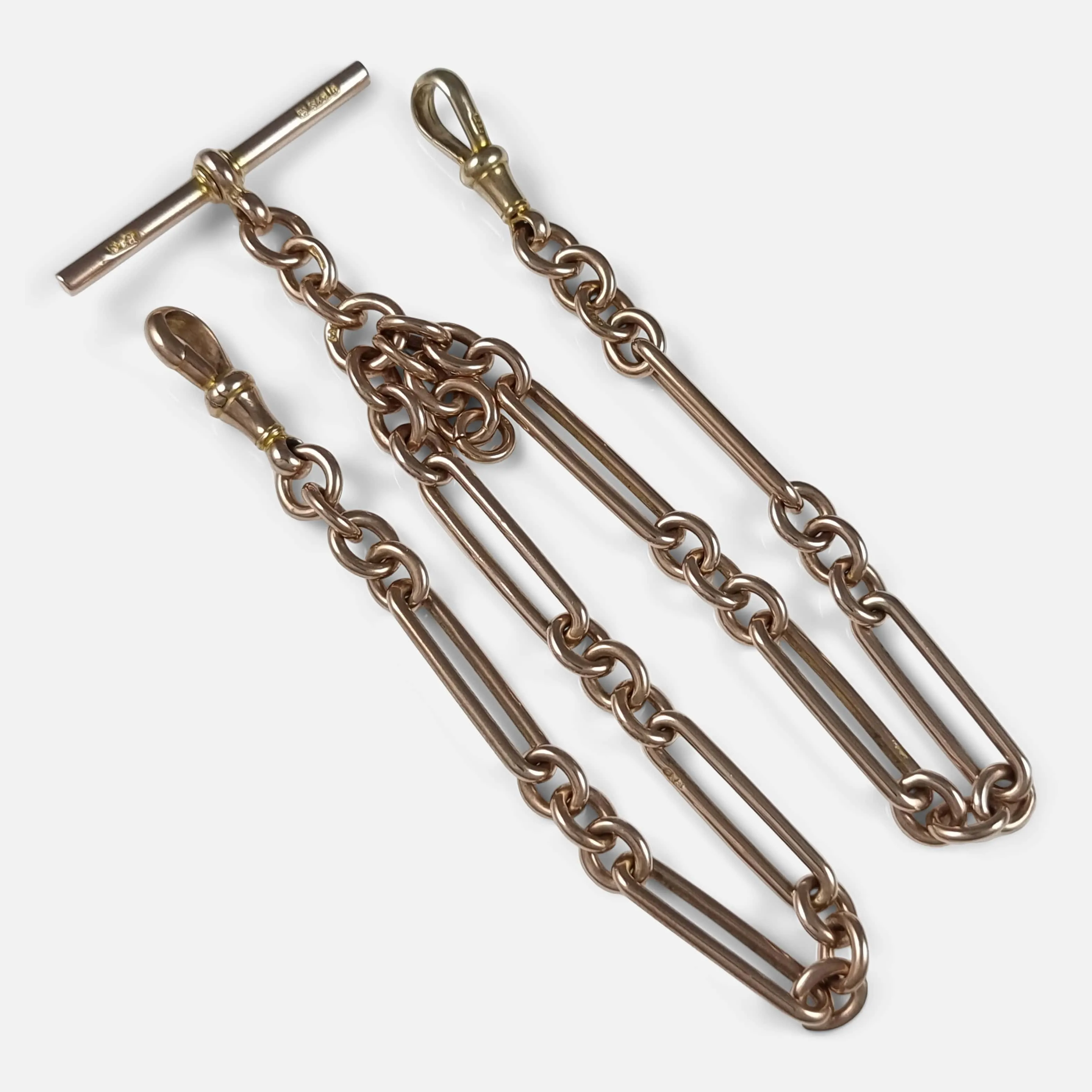 9ct Rose Gold Trombone Link Albert Watch Chain - 36.1 grams