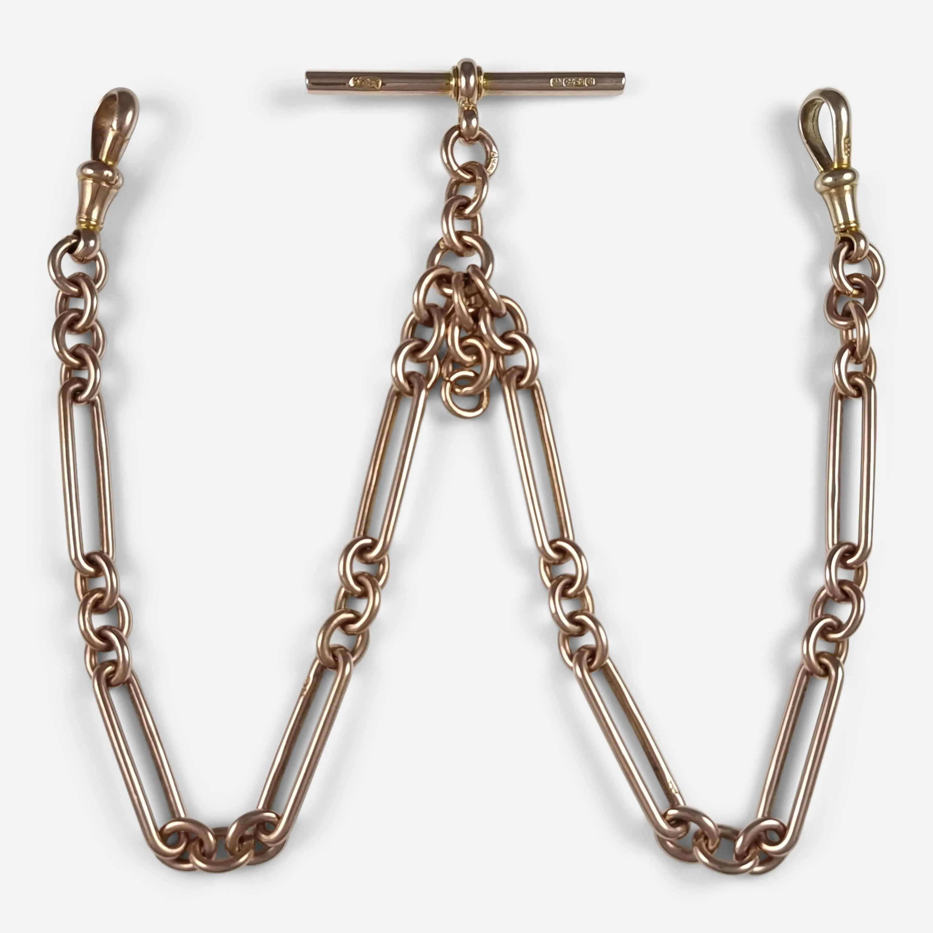 9ct Rose Gold Trombone Link Albert Watch Chain - 36.1 grams
