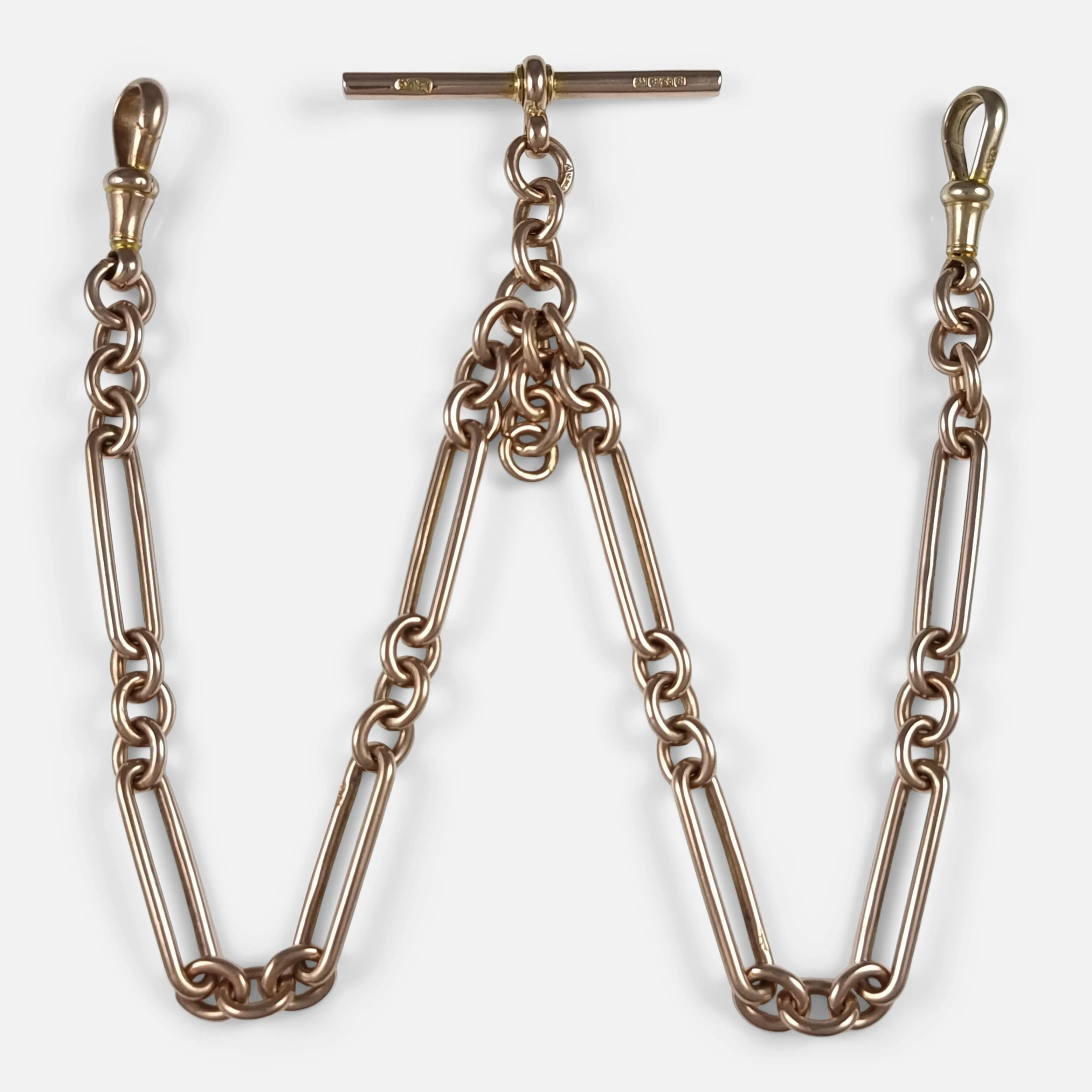 9ct Rose Gold Trombone Link Albert Watch Chain - 36.1 grams