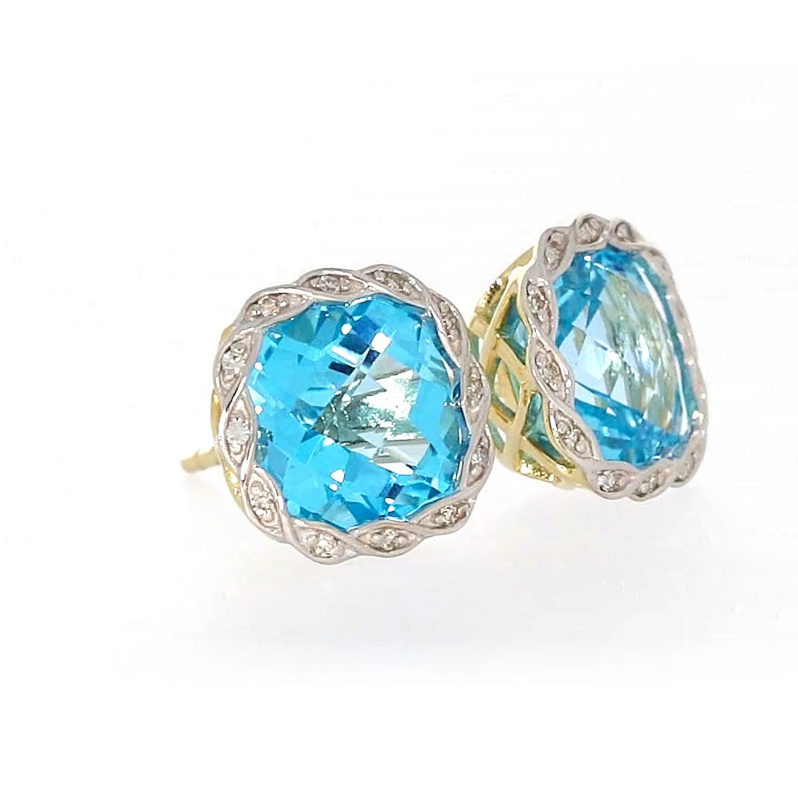 9ct Two Tone Gold Cushion & Round Brilliant Cut Blue Topaz & Diamond Set Stud Earrings