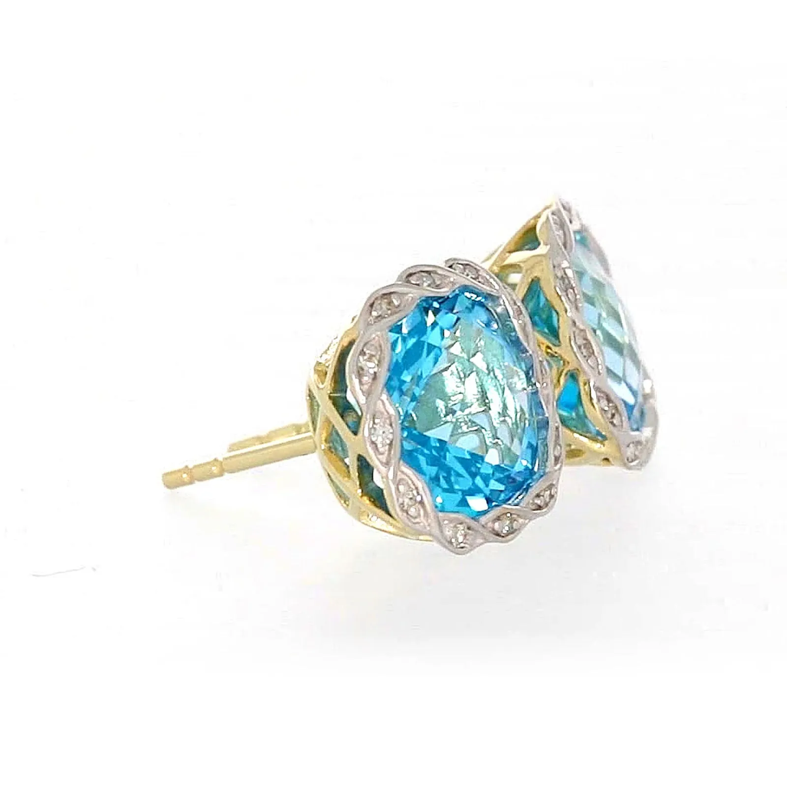 9ct Two Tone Gold Cushion & Round Brilliant Cut Blue Topaz & Diamond Set Stud Earrings