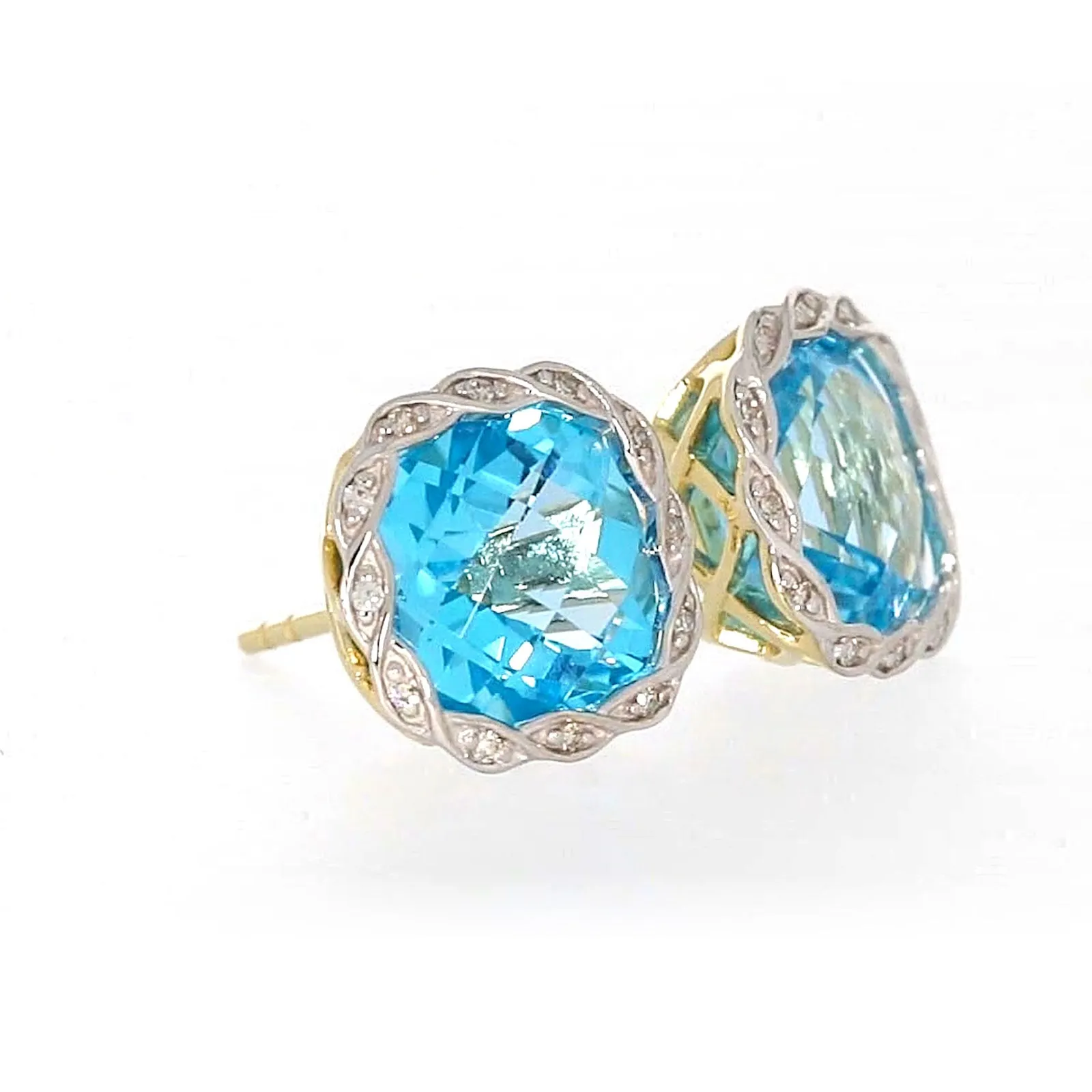 9ct Two Tone Gold Cushion & Round Brilliant Cut Blue Topaz & Diamond Set Stud Earrings