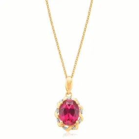 9ct Yellow Gold Oval Cut 9X7mm Created Ruby & Diamond Set Pendant