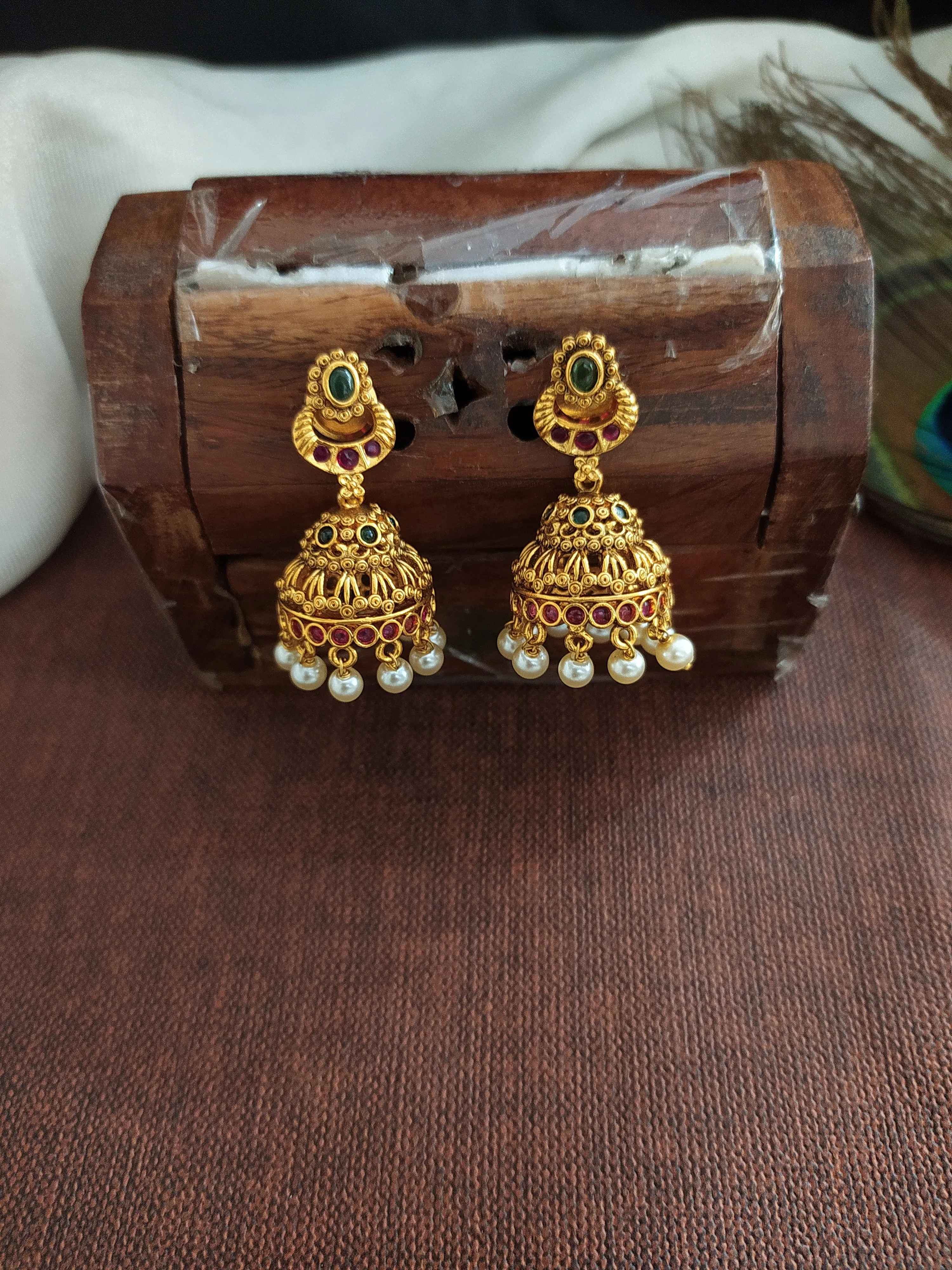 Antique Floral Design Necklace with Jhumki - Green & Red, Red & White Combinations