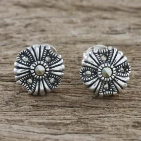 Antique Flower Sterling Silver Marcasite Vintage Inspired Floral Earrings