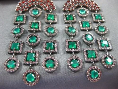 ANTIQUE LARGE 7.90CT MULTI GEM 14KT WHITE & BLACK GOLD 3D CHANDELIER EARRINGS