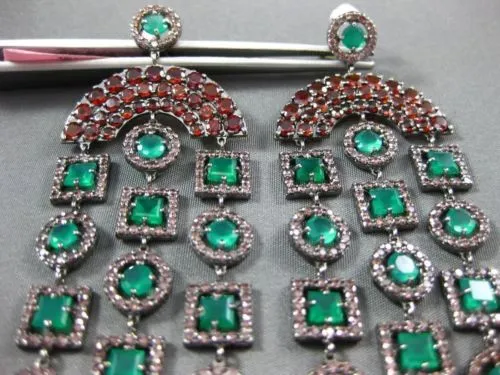 ANTIQUE LARGE 7.90CT MULTI GEM 14KT WHITE & BLACK GOLD 3D CHANDELIER EARRINGS
