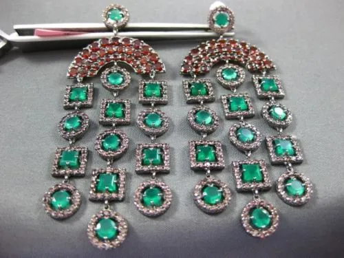 ANTIQUE LARGE 7.90CT MULTI GEM 14KT WHITE & BLACK GOLD 3D CHANDELIER EARRINGS