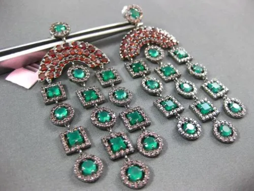 ANTIQUE LARGE 7.90CT MULTI GEM 14KT WHITE & BLACK GOLD 3D CHANDELIER EARRINGS