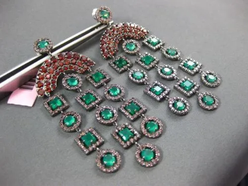 ANTIQUE LARGE 7.90CT MULTI GEM 14KT WHITE & BLACK GOLD 3D CHANDELIER EARRINGS