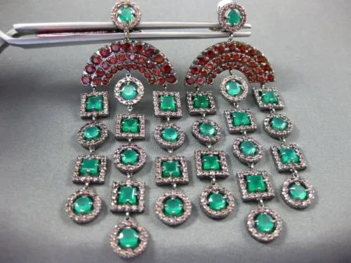 ANTIQUE LARGE 7.90CT MULTI GEM 14KT WHITE & BLACK GOLD 3D CHANDELIER EARRINGS