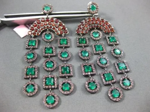 ANTIQUE LARGE 7.90CT MULTI GEM 14KT WHITE & BLACK GOLD 3D CHANDELIER EARRINGS