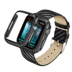 Apple Watch 44mm carbon fiber style cover   genuine leather watch strap