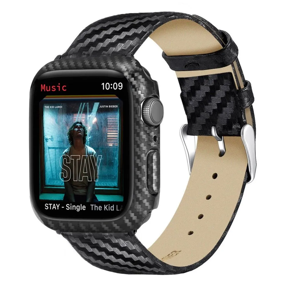 Apple Watch 44mm carbon fiber style cover   genuine leather watch strap