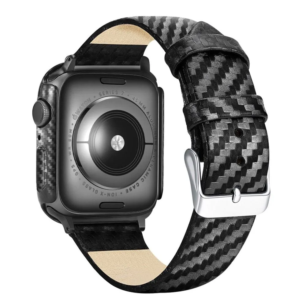 Apple Watch 44mm carbon fiber style cover   genuine leather watch strap