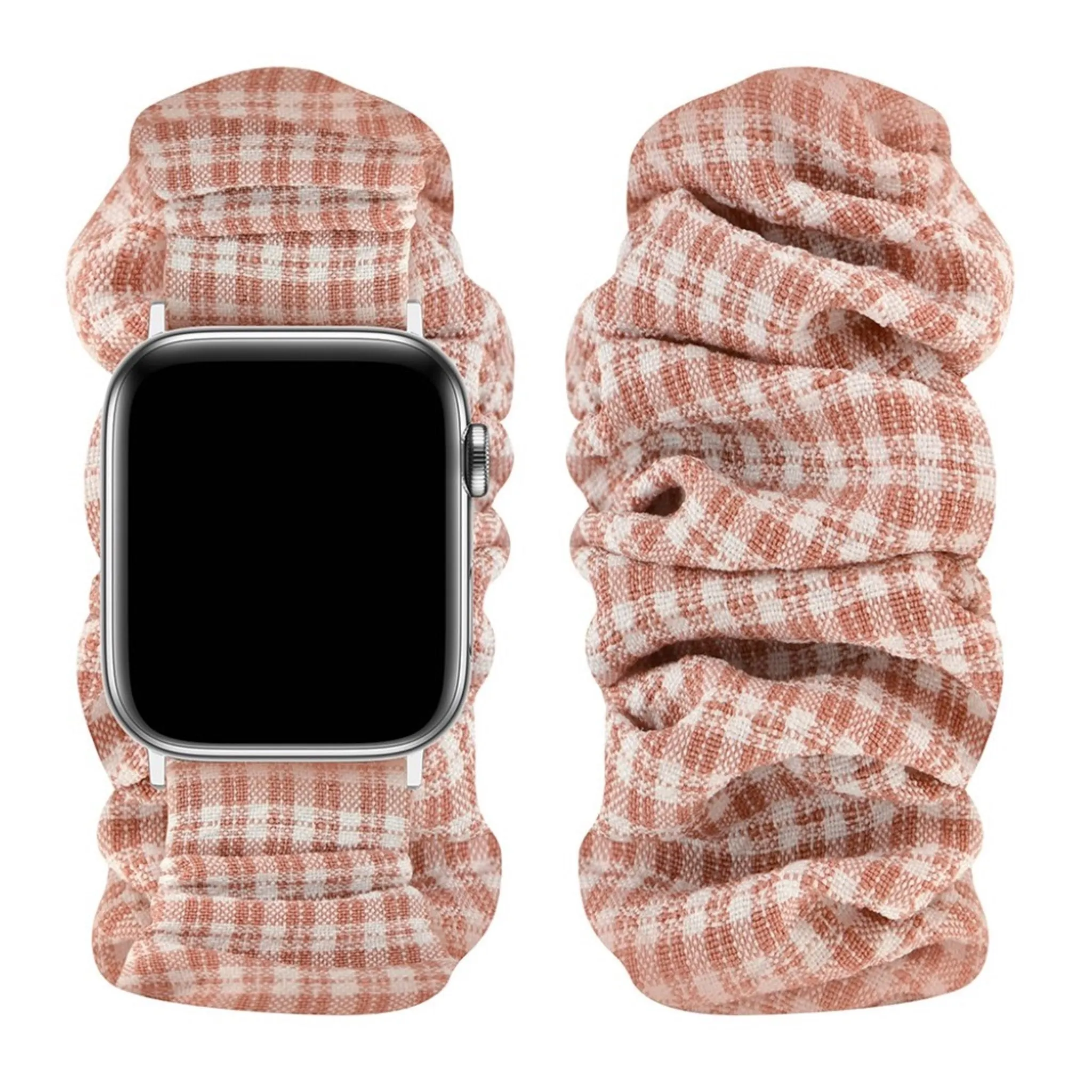 Apple Watch 44mm elastic hairband style watch strap - Pink Plaid / Size: L