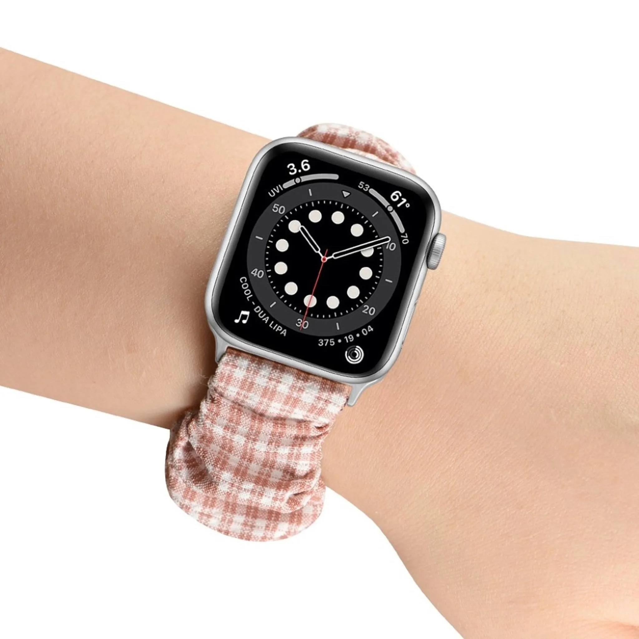 Apple Watch 44mm elastic hairband style watch strap - Pink Plaid / Size: L