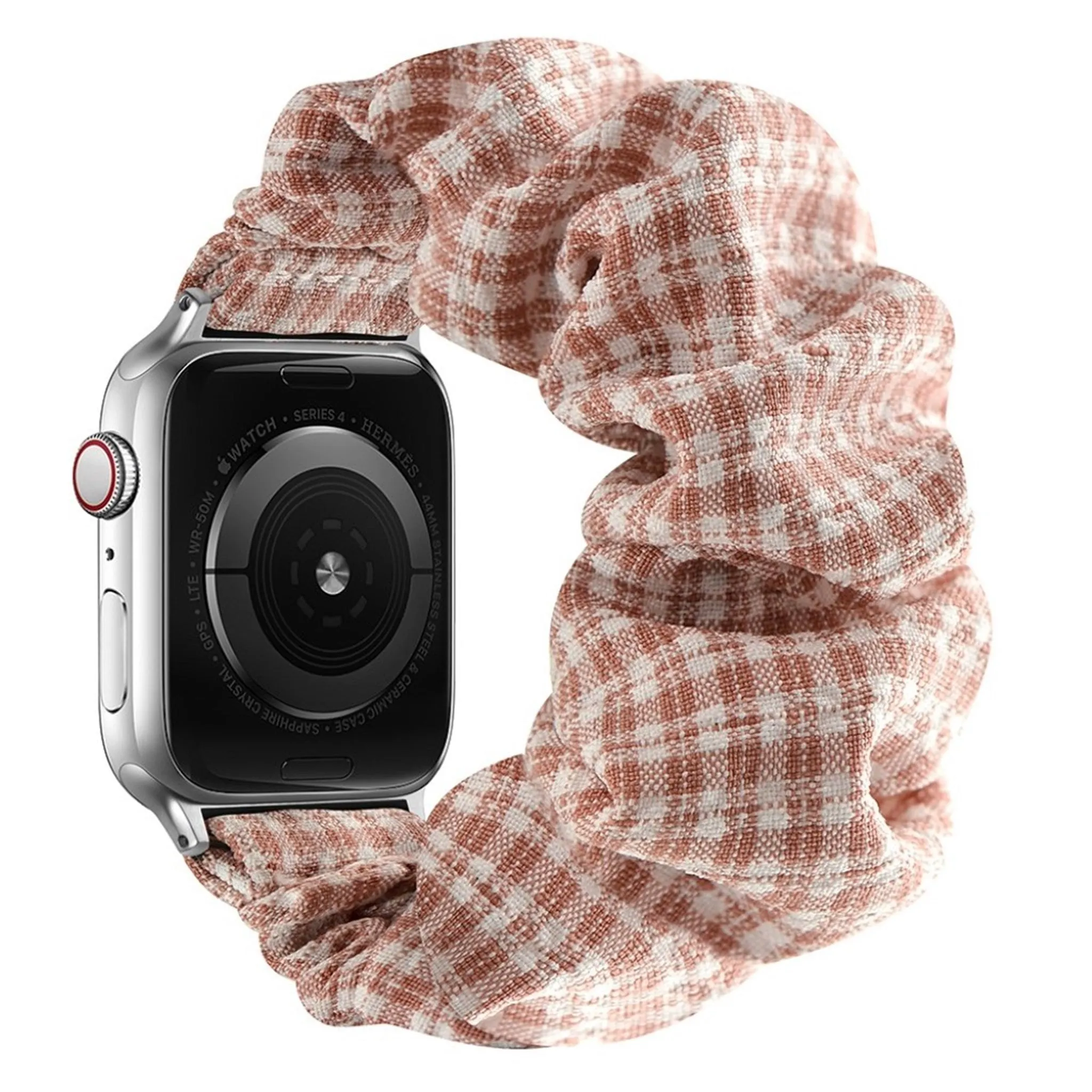 Apple Watch 44mm elastic hairband style watch strap - Pink Plaid / Size: L